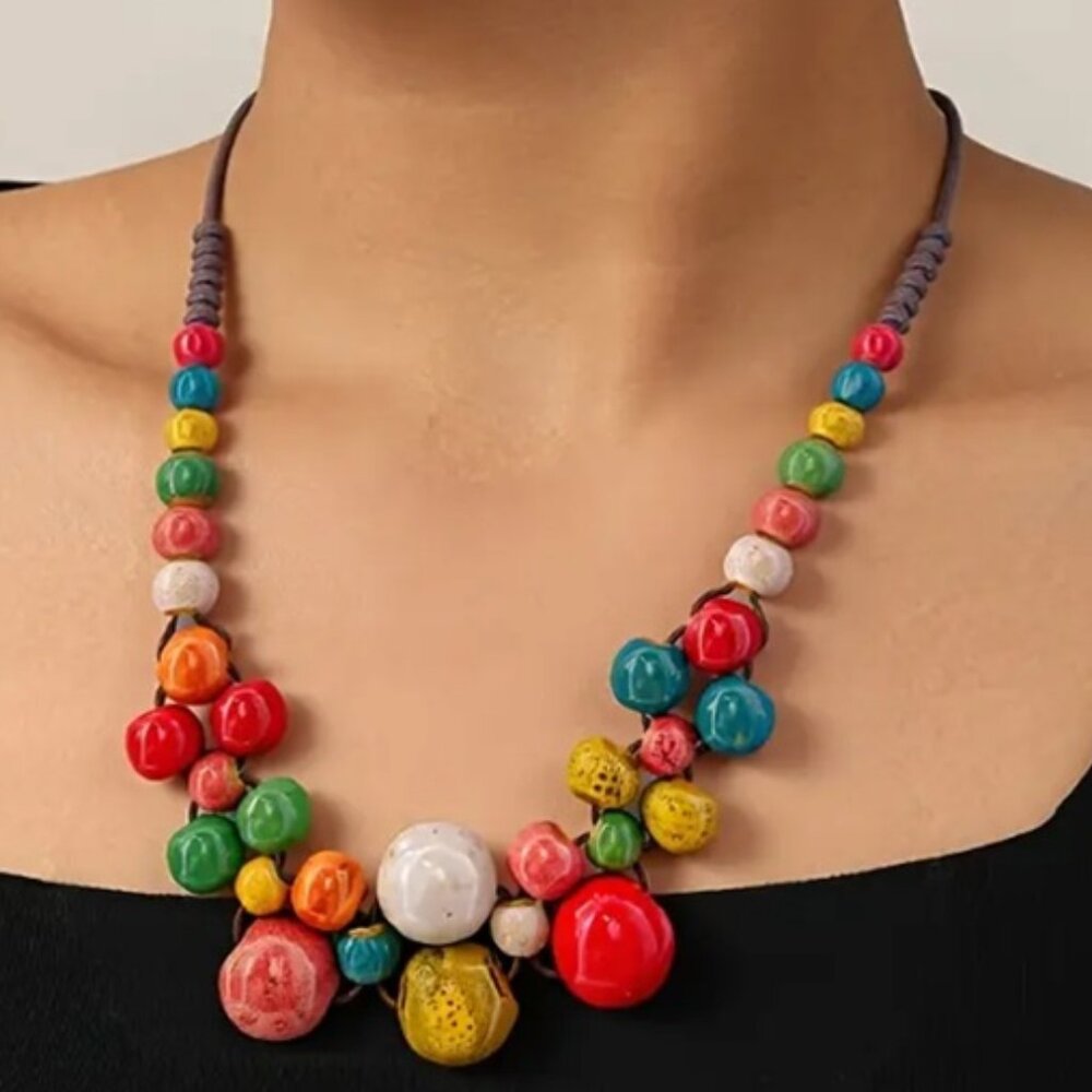 Bohemian Vintage Handwoven Cord - Colorful Ceramic Beads - Adjustable Necklace